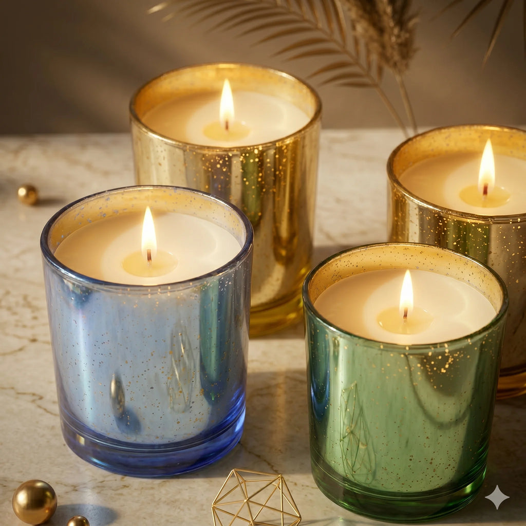 Musk Mercury Gold Iridescent Glass Soy Wax Candle | Luxury — Hand-Blown Glass from Firozabad, India — Styled for Home Décor