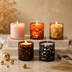 Oud Tortoiseshell Spotted Glass Soy Wax Candle | Unique Luxury — Hand-Blown Glass from Firozabad, India — Side Angle View