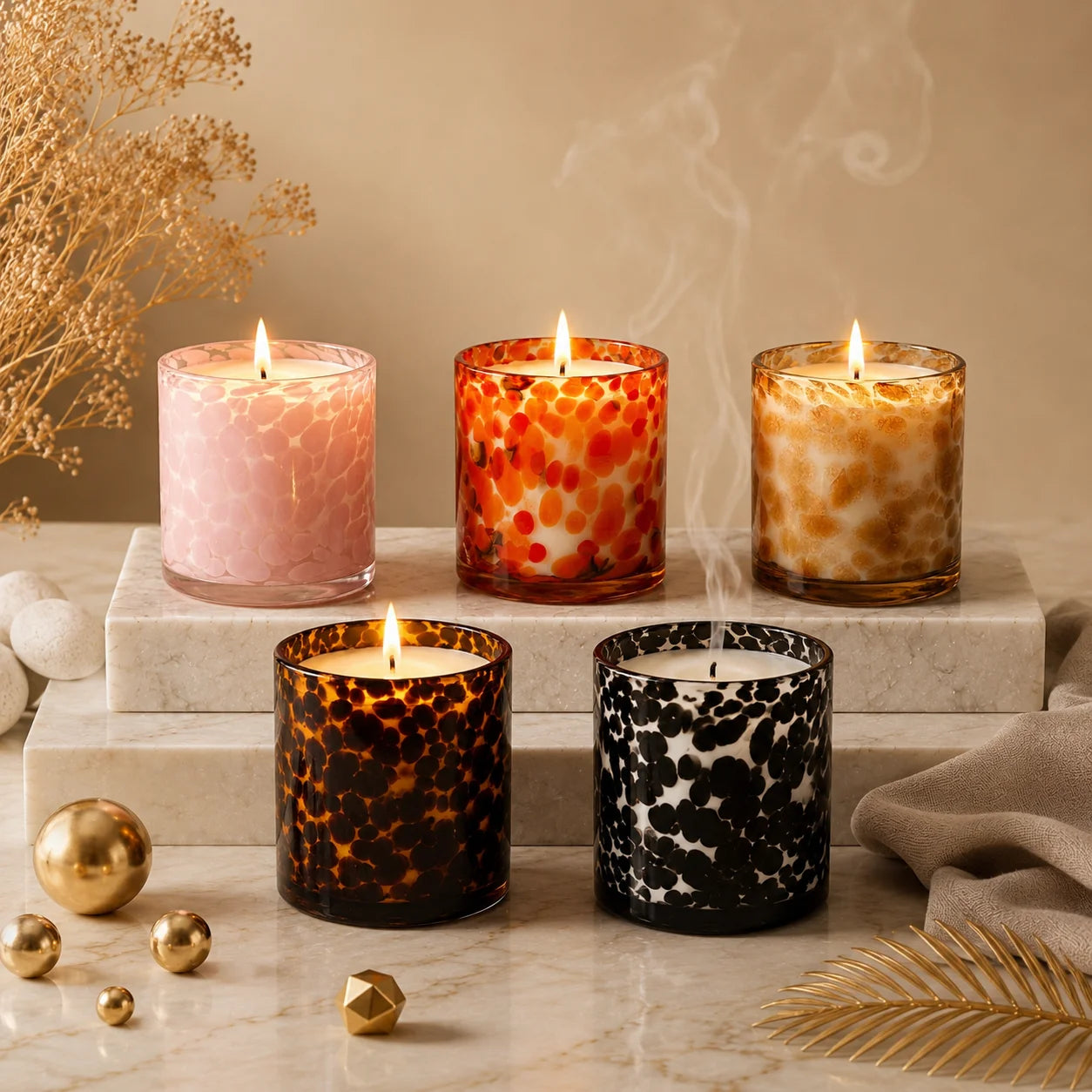 Oud Tortoiseshell Spotted Glass Soy Wax Candle | Unique Luxury — Hand-Blown Glass from Firozabad, India — Side Angle View