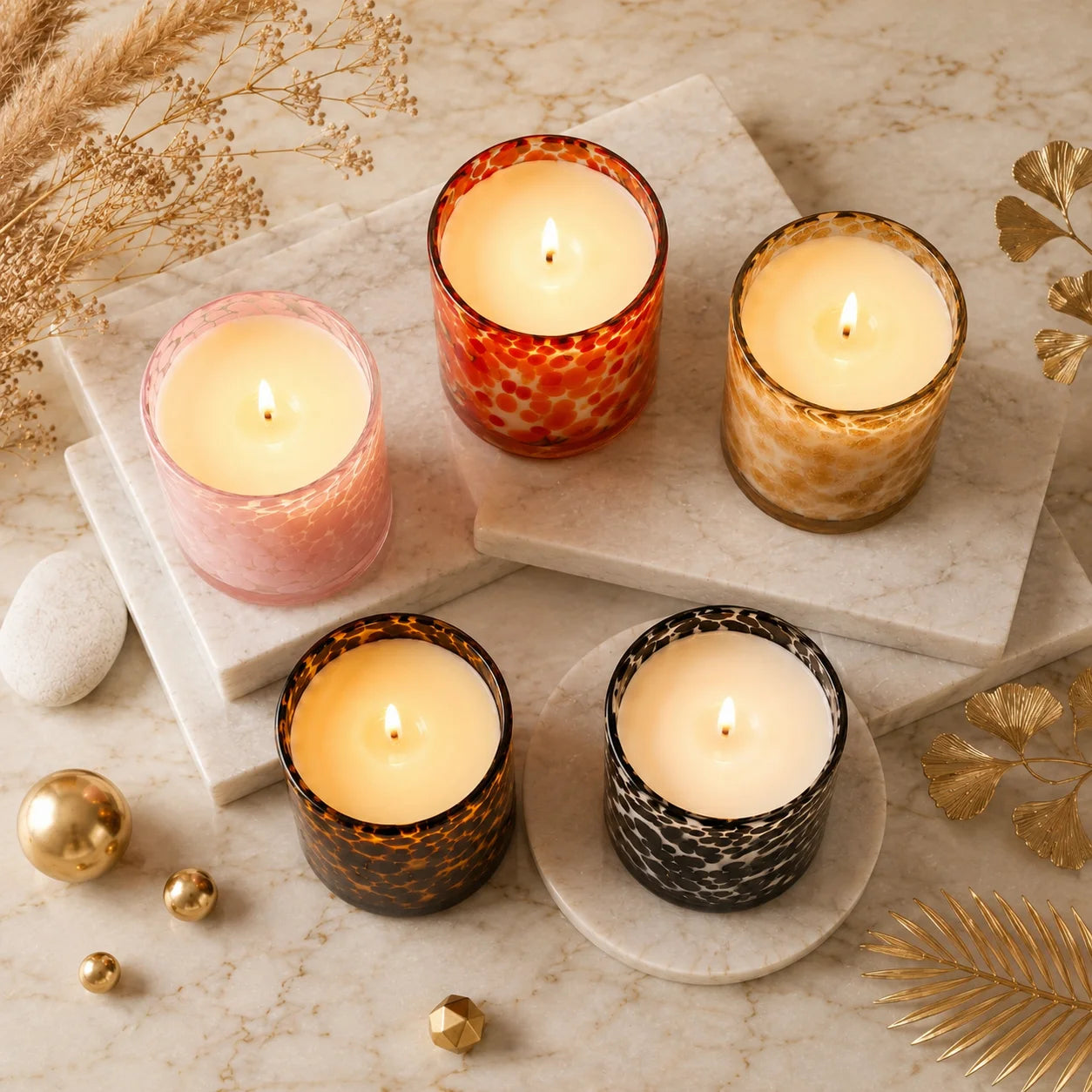 Oud Tortoiseshell Spotted Glass Soy Wax Candle | Unique Luxury — Hand-Blown Glass from Firozabad, India — Styled for Home...