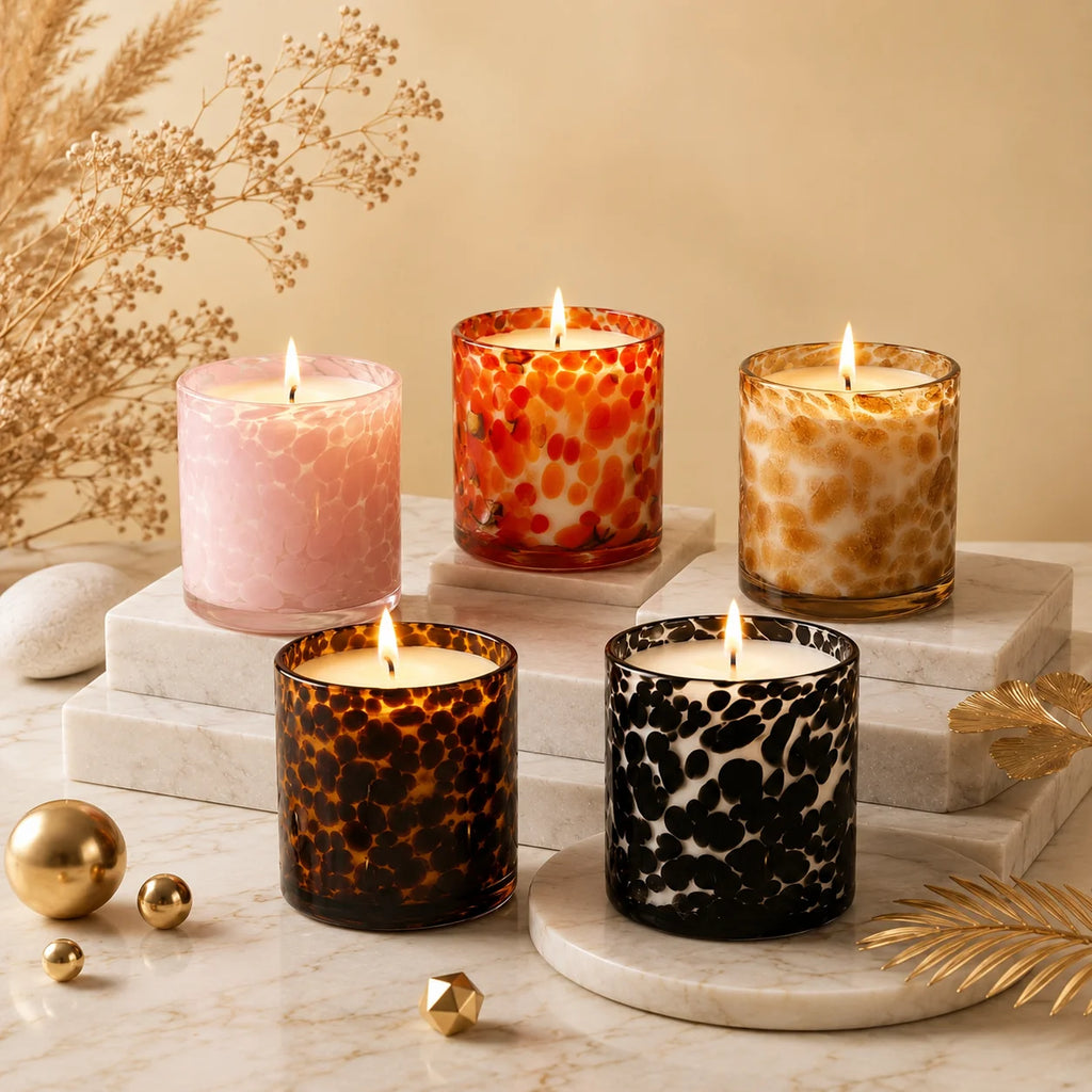 Oud Tortoiseshell Spotted Glass Soy Wax Candle | Unique Luxury — Hand-Blown Glass from Firozabad, India — Lifestyle Setting