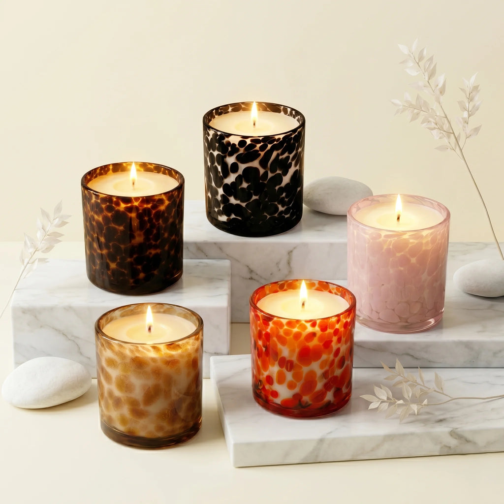Oud Tortoiseshell Spotted Glass Soy Wax Candle | Unique Luxury — Hand-Blown Glass from Firozabad, India — Texture & Crafts...