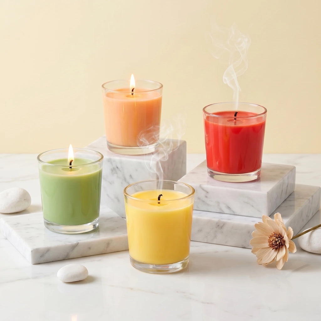 Rose Clear Glass Soy Wax Candle | Bright Colours — Pack of 2 — Hand-Blown Glass from Firozabad, India — Lifestyle Setting