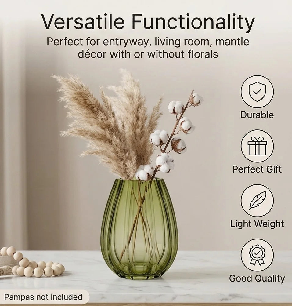 Opulent Fluted Oval Glass Vase — Hand-Blown Glass from Firozabad, India — Light & Shadow