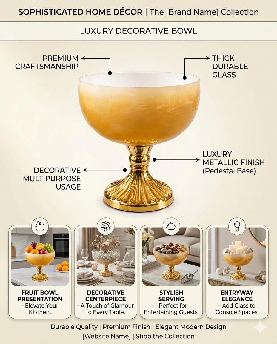 Amber Ombre Glass Bowl | Gold Fluted Pedestal | Luxury Décor — Castle Crafts