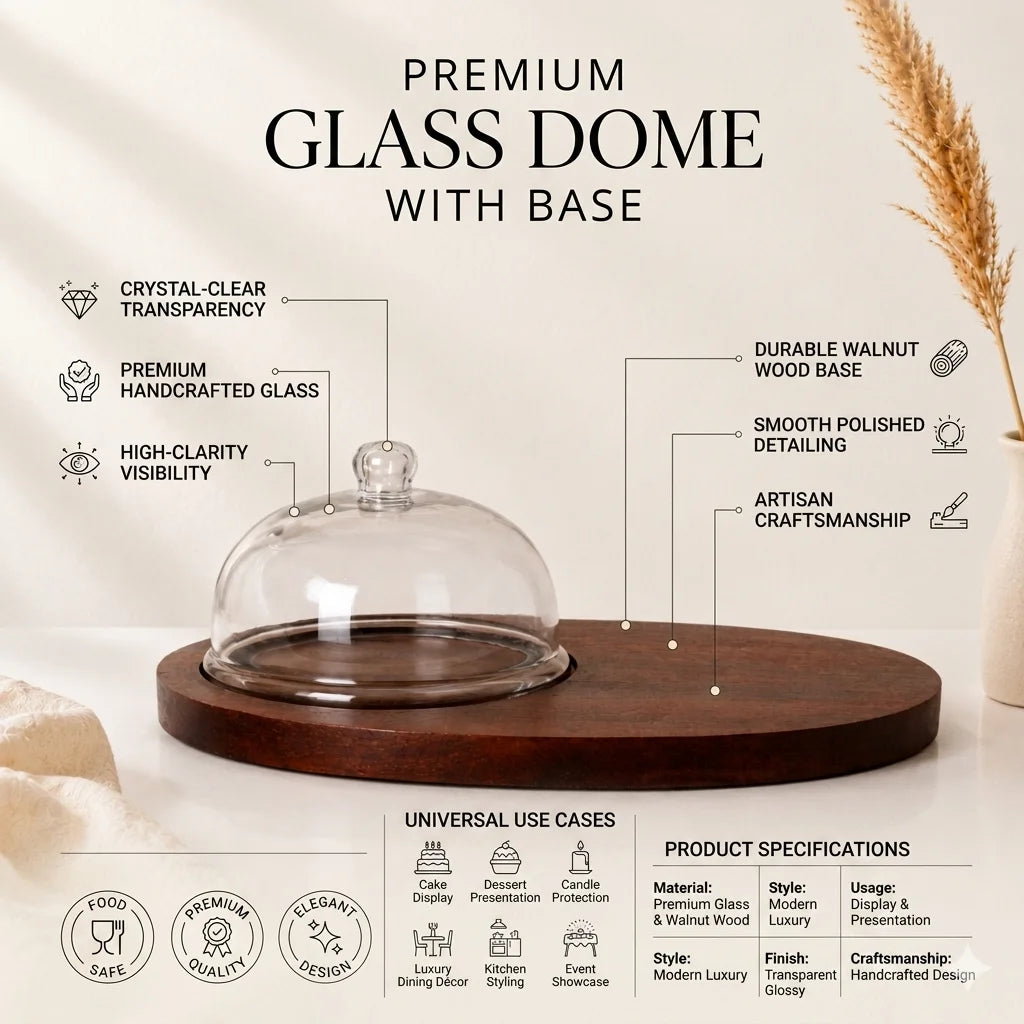 Glass Dome with Round Knob & Dark Walnut Oval Wood Board | Minimalist Luxury — Castle Crafts