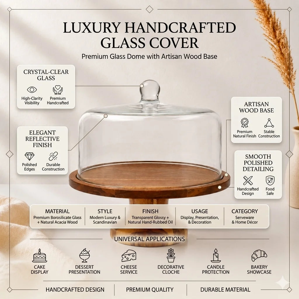 Hand-Blown Glass Dome with Natural Acacia Wood Pedestal Stand | Gifting — Castle Crafts