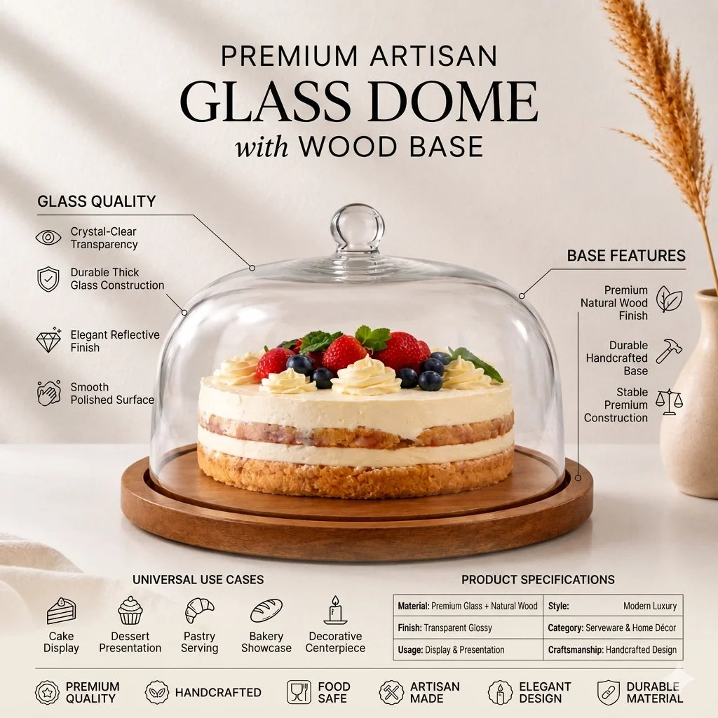 Wide Glass Cake Dome with Round Acacia Wood Board | Cake Display & Gifting — Castle Crafts