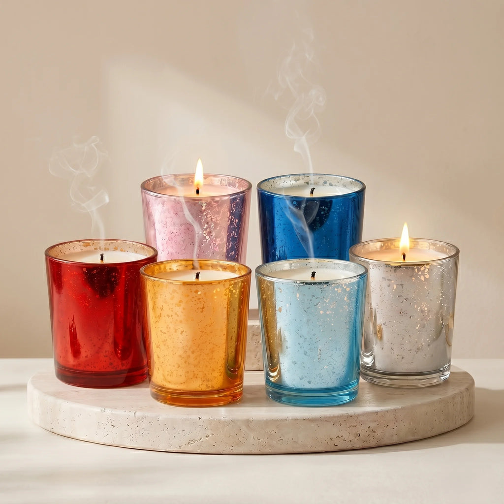 Sandalwood Mercury Glass Votive Soy Wax Candle | 6 colours — Hand-Blown Glass from Firozabad, India — Side Angle View