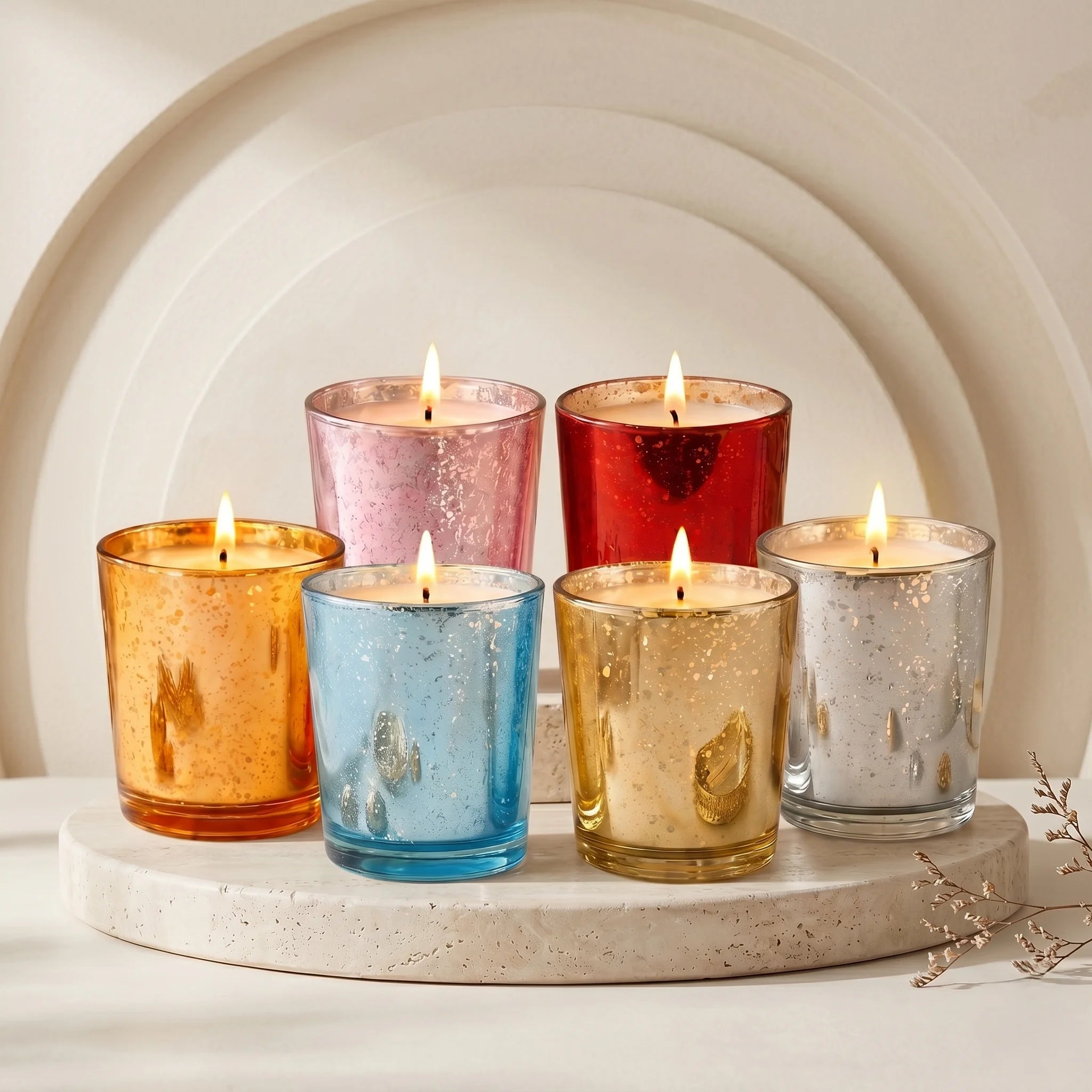 Sandalwood Mercury Glass Votive Soy Wax Candle | 6 colours — Hand-Blown Glass from Firozabad, India — Lifestyle Setting