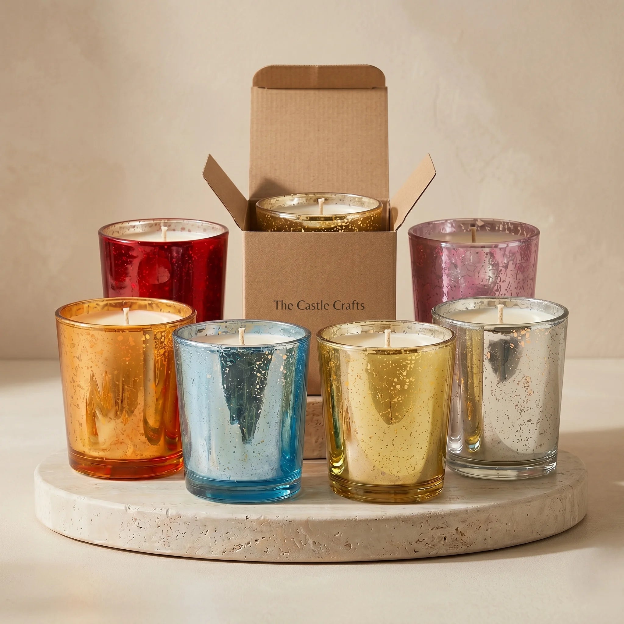 Sandalwood Mercury Glass Votive Soy Wax Candle | 6 colours — Hand-Blown Glass from Firozabad, India — Detail Close-Up