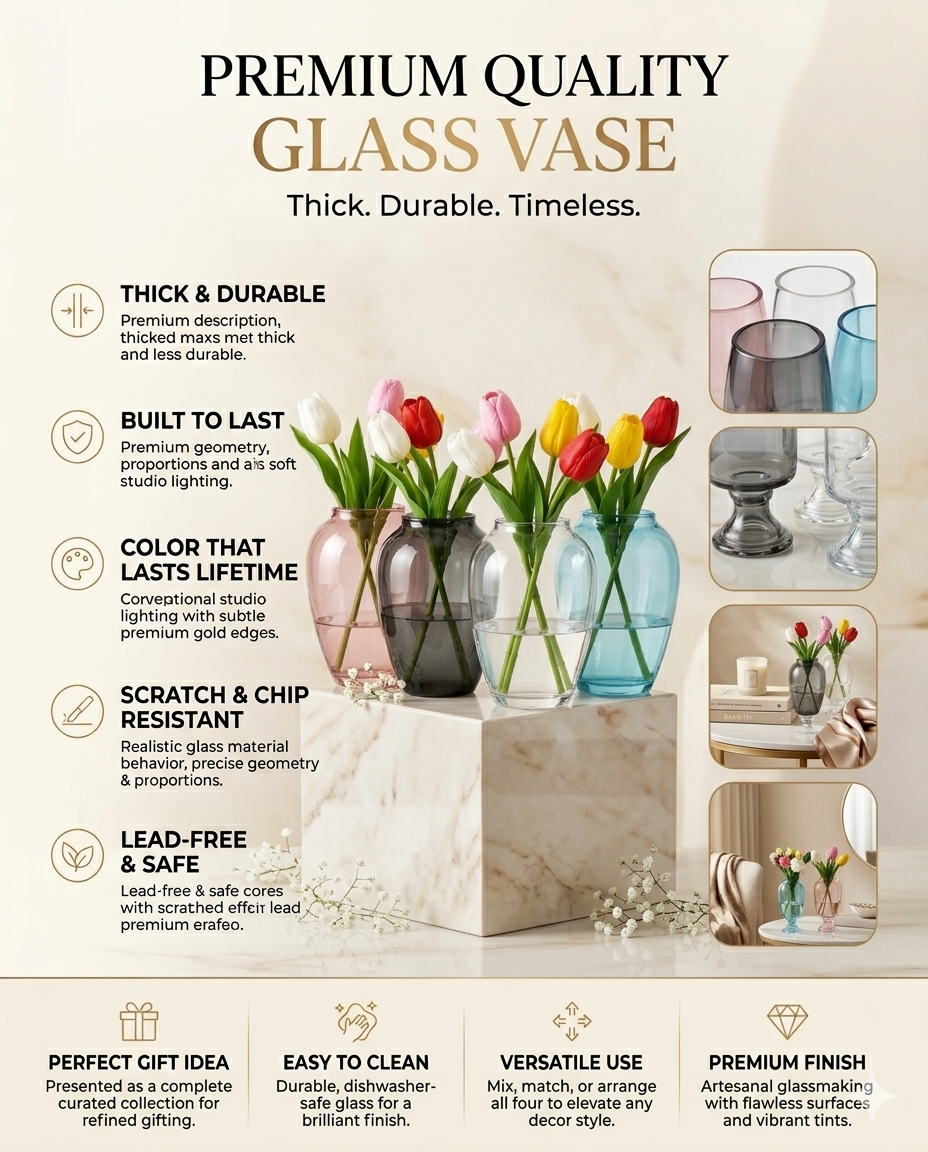 Serene Urn Glossy Glass Vase — Hand-Blown Glass from Firozabad, India — Styled for Home Décor