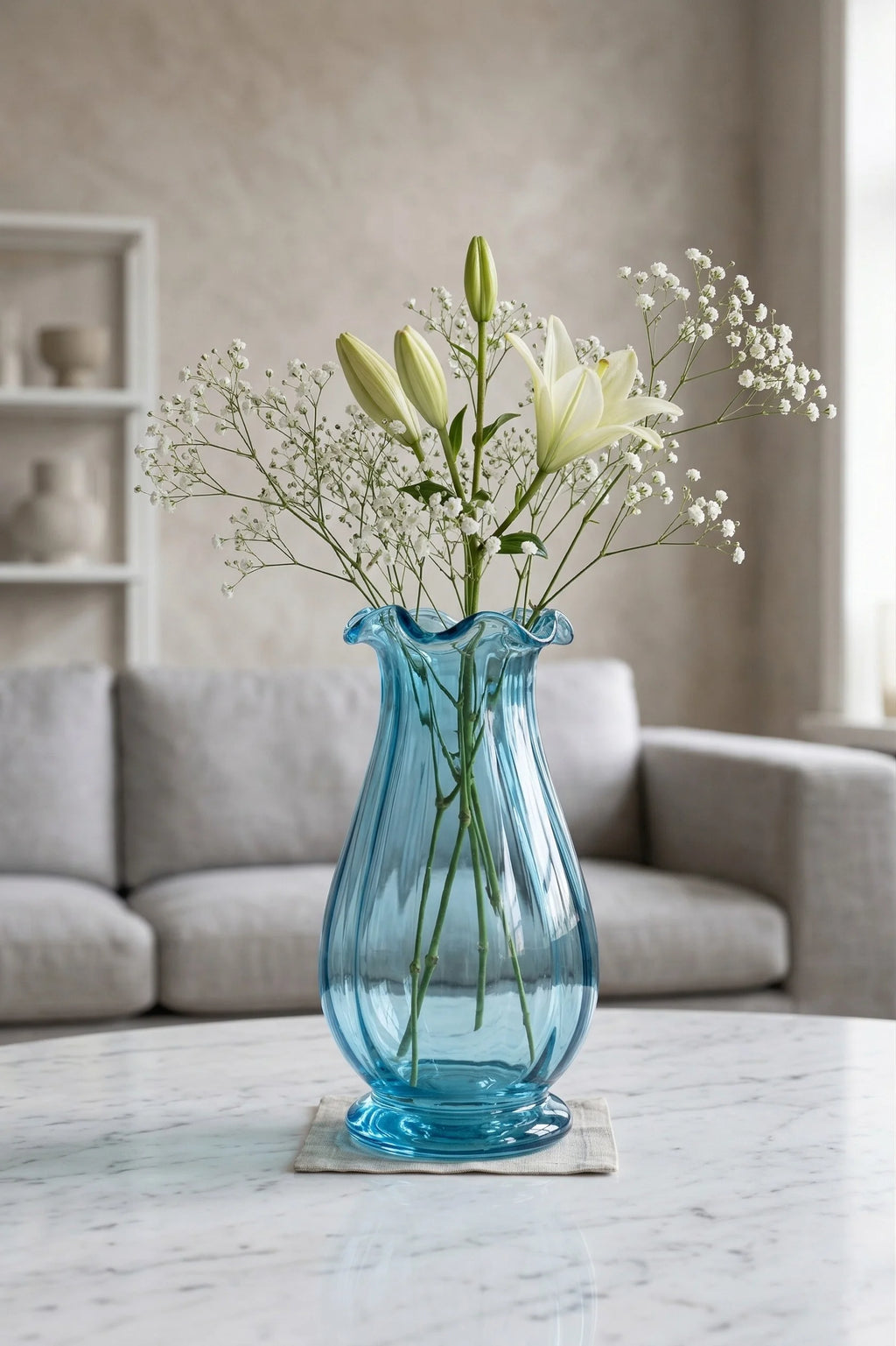 Blooming Tulip Ruffle Glass Vase — Hand-Blown Glass from Firozabad, India — Tabletop View