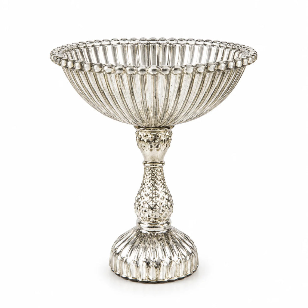 Antique Silver Mercury Glass Compote Bowl | Diamond-Cut Stem | Victorian Luxury — Castle Crafts