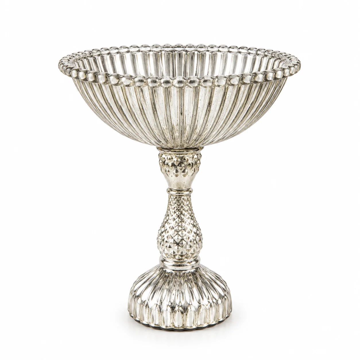 Antique Silver Mercury Glass Compote Bowl | Diamond-Cut Stem | Victorian Luxury — Castle Crafts