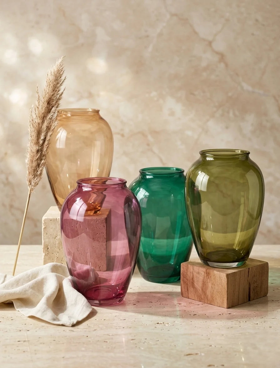 Blossom Oval Smooth Glass Vase — Hand-Blown Glass from Firozabad, India — Side Angle View