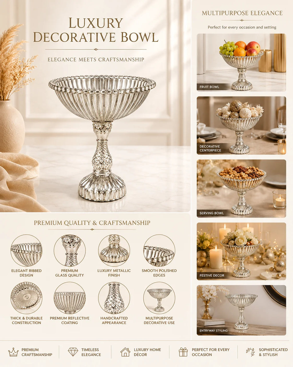 Antique Silver Mercury Glass Compote Bowl | Diamond-Cut Stem | Victorian Luxury — Castle Crafts