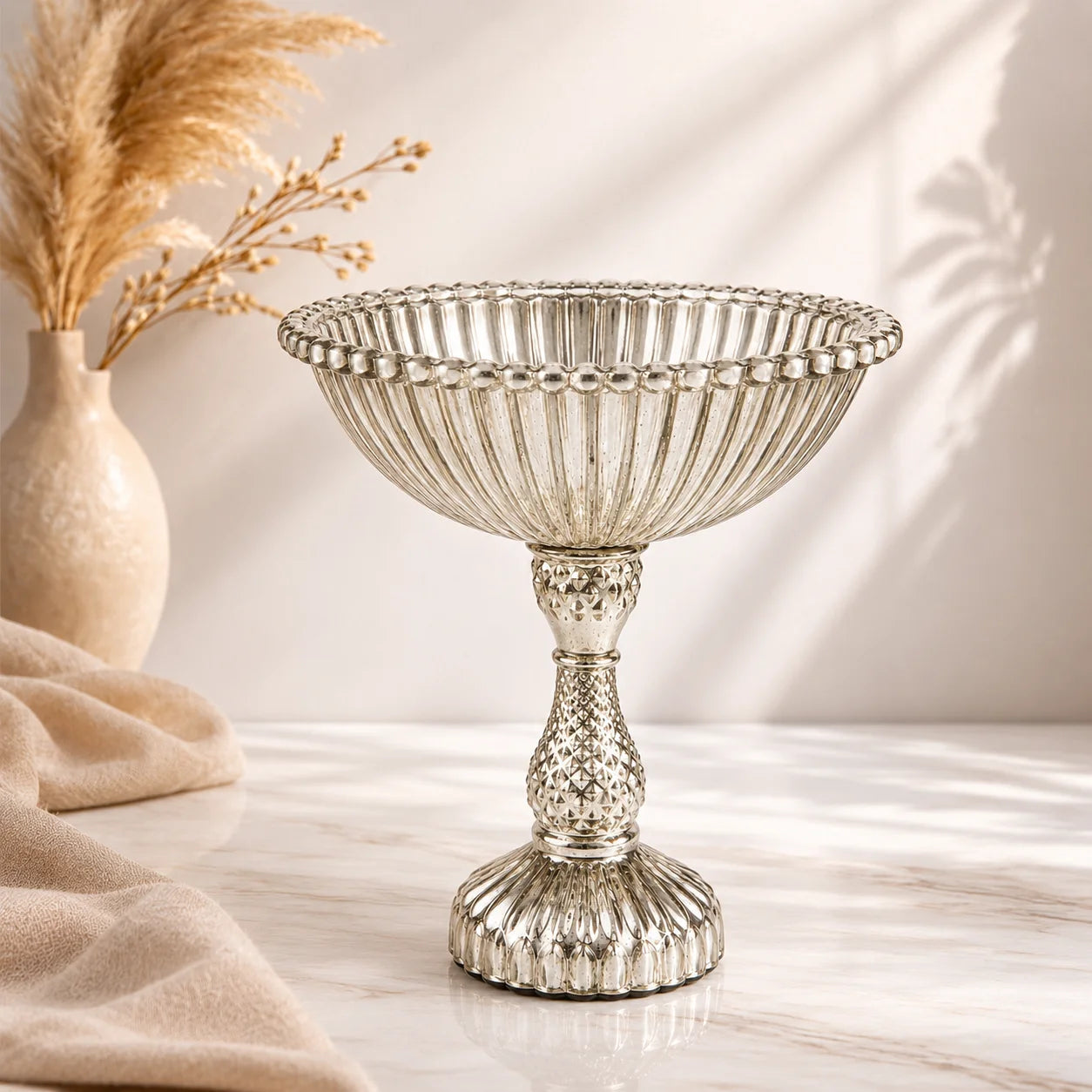 Antique Silver Mercury Glass Compote Bowl | Diamond-Cut Stem | Victorian Luxury — Castle Crafts