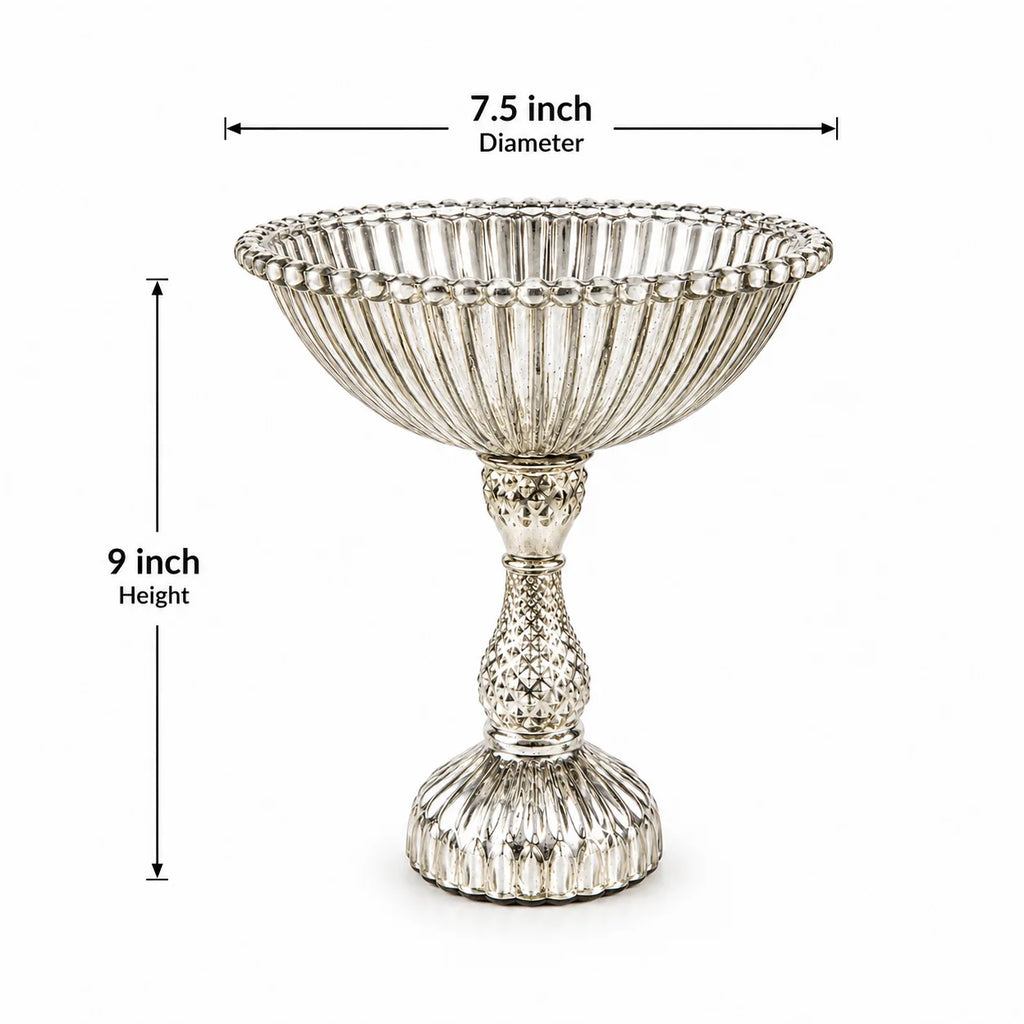 Antique Silver Mercury Glass Compote Bowl | Diamond-Cut Stem | Victorian Luxury — Castle Crafts