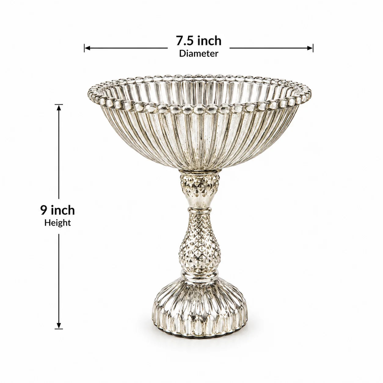 Antique Silver Mercury Glass Compote Bowl | Diamond-Cut Stem | Victorian Luxury — Castle Crafts