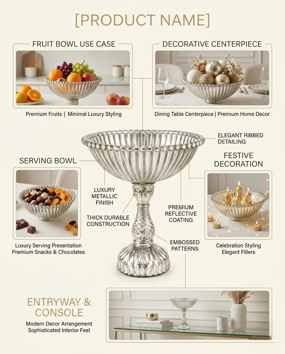 Antique Silver Mercury Glass Compote Bowl | Diamond-Cut Stem | Victorian Luxury — Castle Crafts