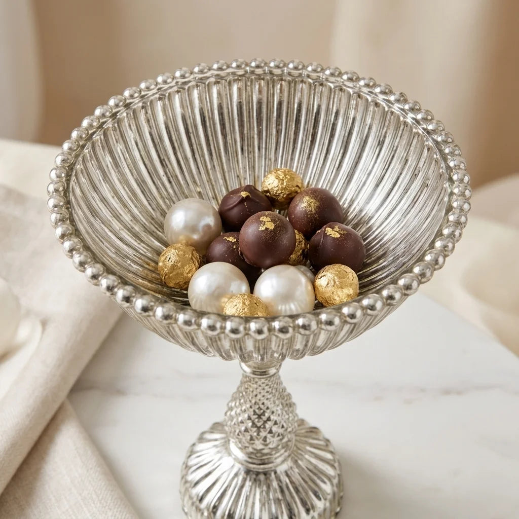 Antique Silver Mercury Glass Compote Bowl | Diamond-Cut Stem | Victorian Luxury — Castle Crafts