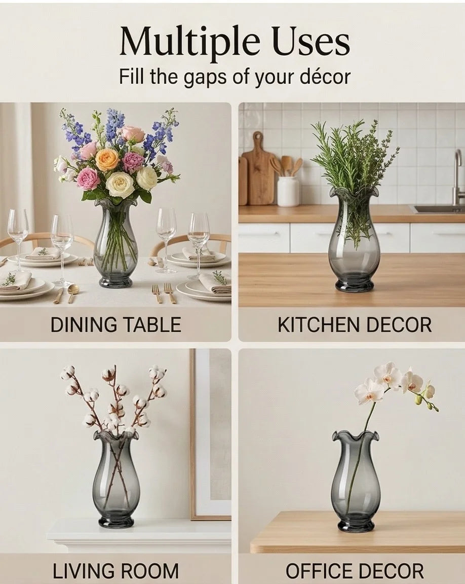 Aria Ruffle Smooth Glass Vase — Hand-Blown Glass from Firozabad, India — Tabletop View