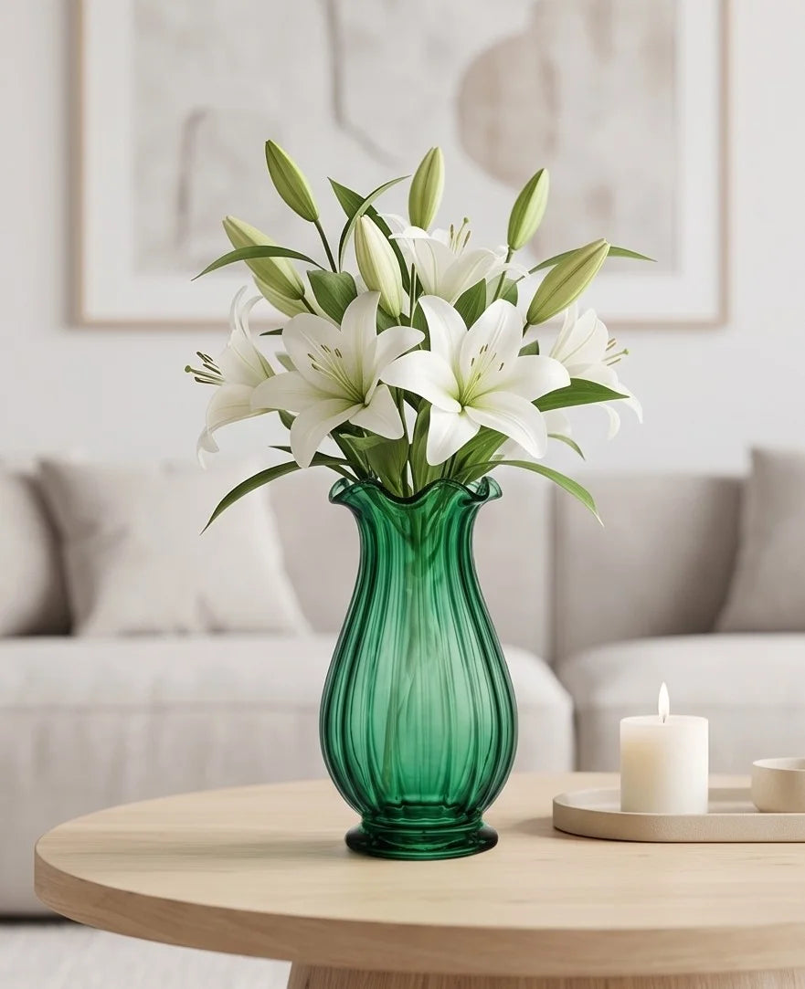 Jewel Ruffle Ribbed Glass Vase — Hand-Blown Glass from Firozabad, India — Handcrafted Finish