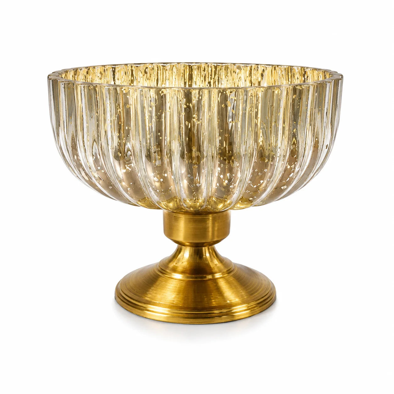 Mercury Gold Ribbed Glass Bowl | Antique Brass Metal Base | Artisan Luxury — Castle Crafts