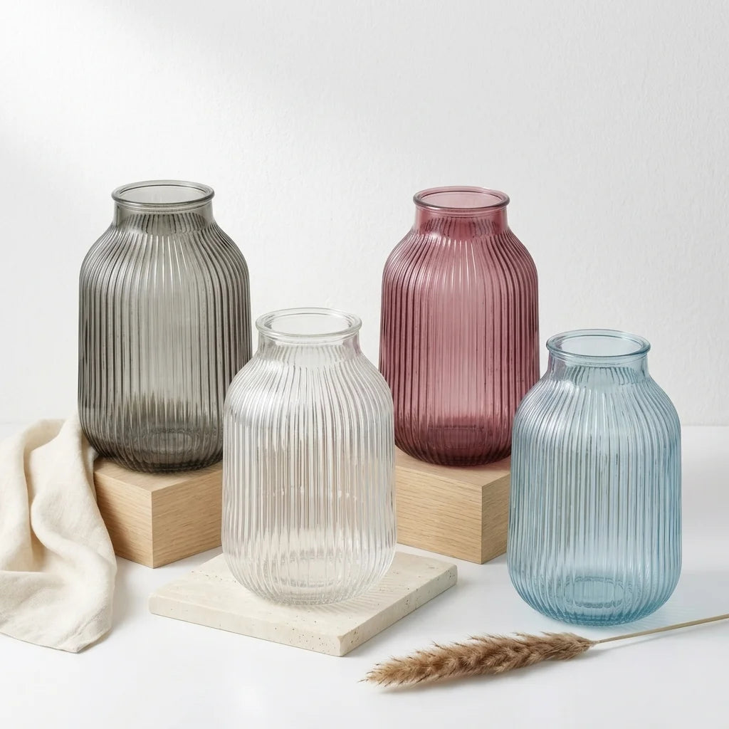 Breeze Jar Ribbed Glass Vase — Hand-Blown Glass from Firozabad, India — Side Angle View