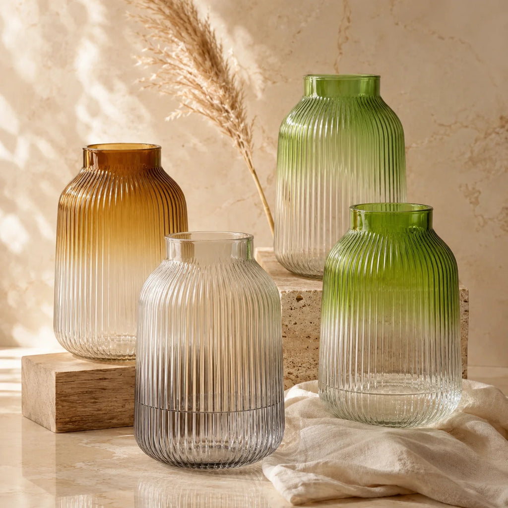 Dusk Ombré Ribbed Glass Vase — Hand-Blown Glass from Firozabad, India — Side Angle View
