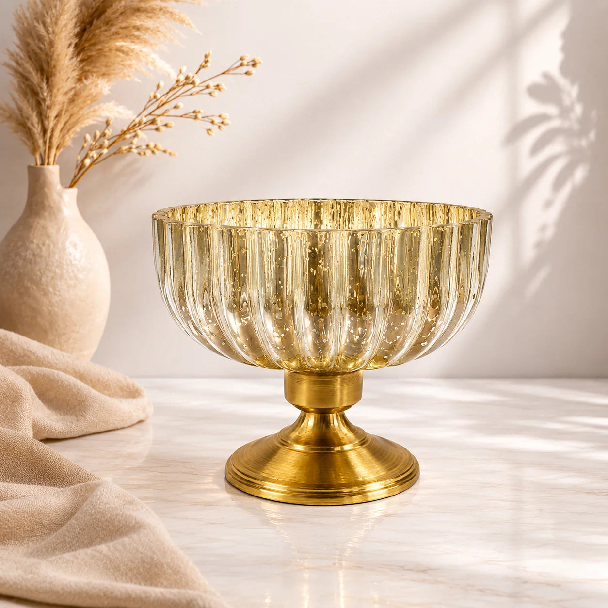 Mercury Gold Ribbed Glass Bowl | Antique Brass Metal Base | Artisan Luxury — Castle Crafts