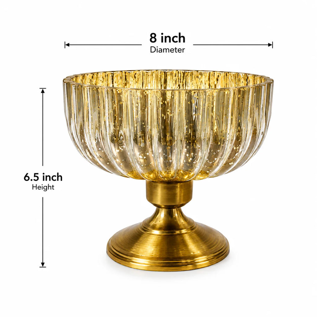 Mercury Gold Ribbed Glass Bowl | Antique Brass Metal Base | Artisan Luxury — Castle Crafts