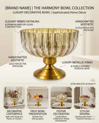 Mercury Gold Ribbed Glass Bowl | Antique Brass Metal Base | Artisan Luxury — Castle Crafts