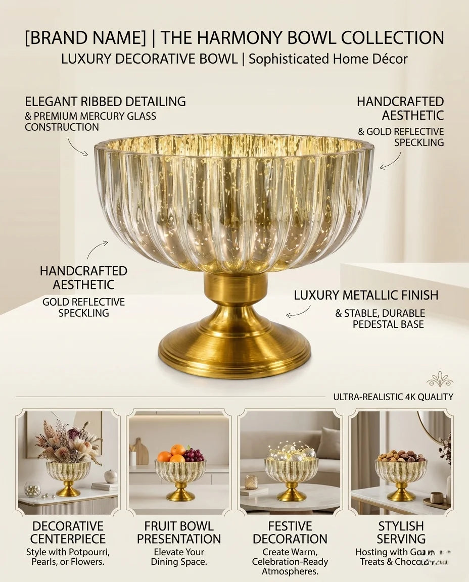 Mercury Gold Ribbed Glass Bowl | Antique Brass Metal Base | Artisan Luxury — Castle Crafts