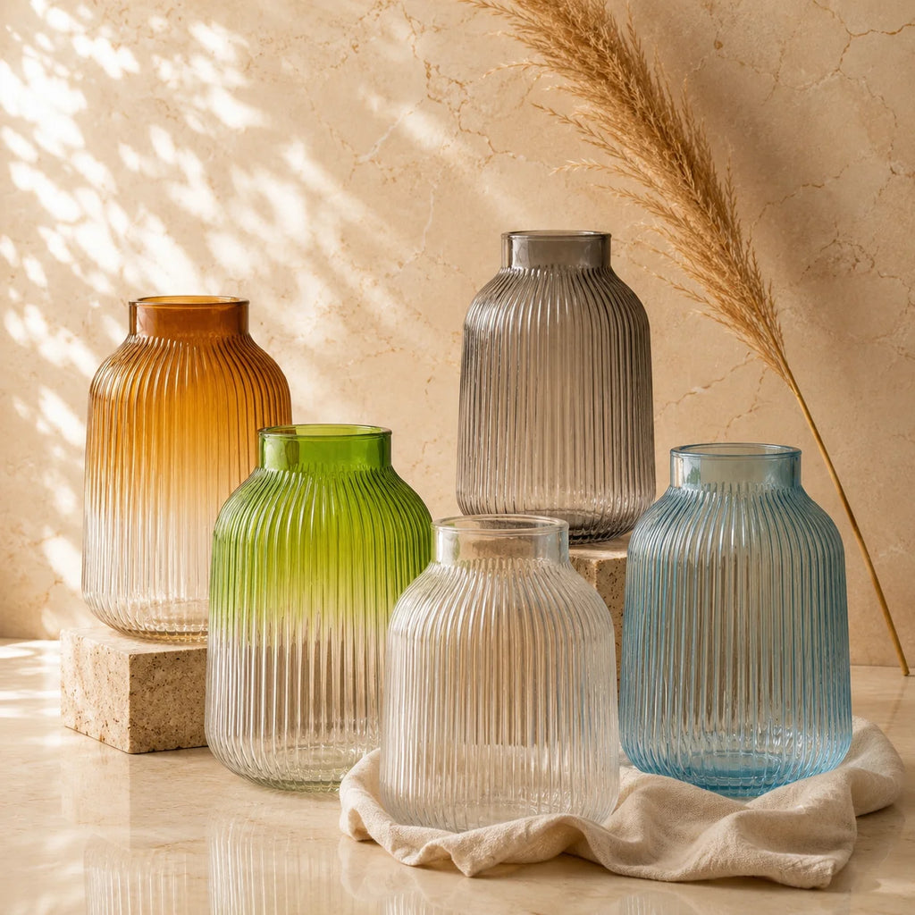 Dusk Ombré Ribbed Glass Vase — Hand-Blown Glass from Firozabad, India — Styled for Home Décor