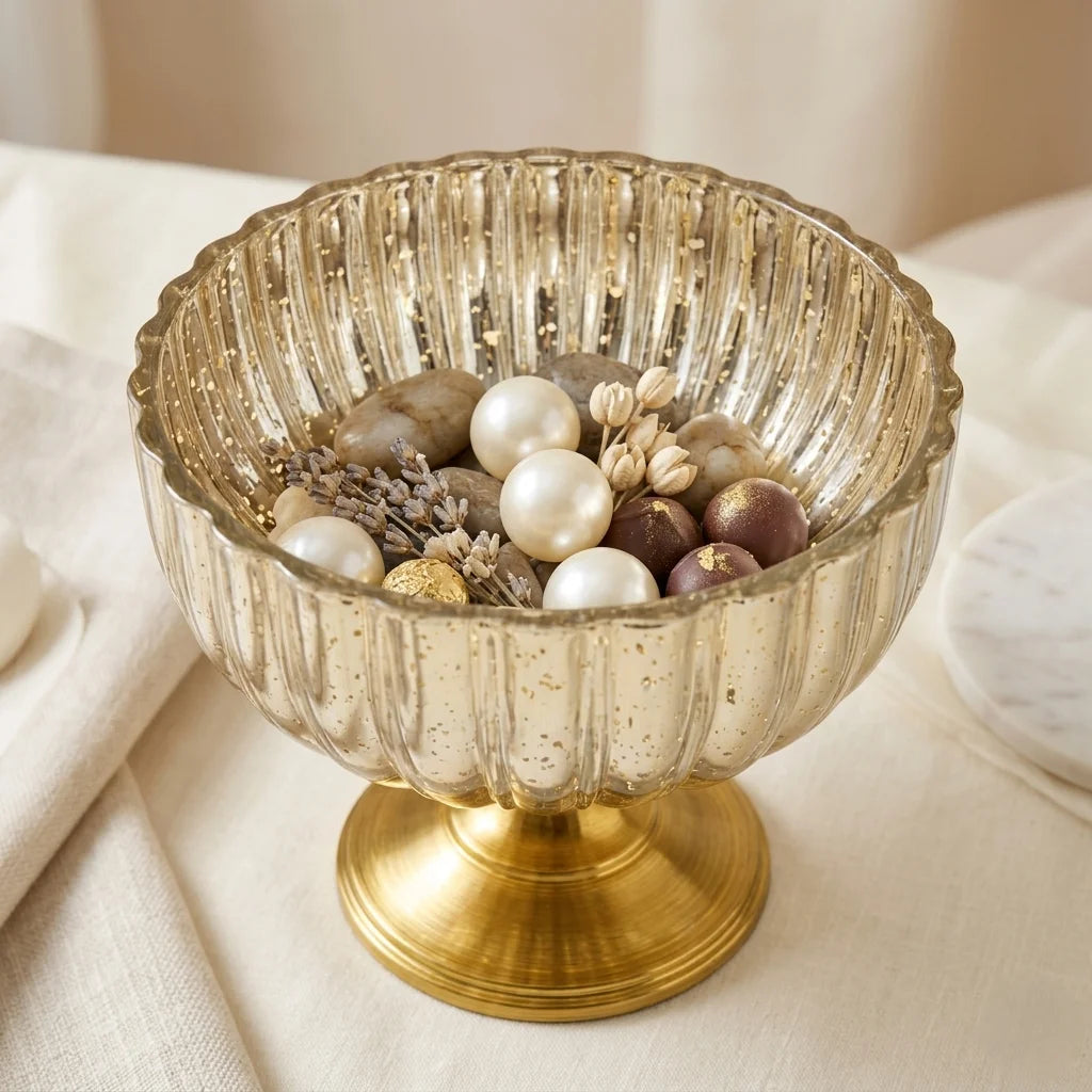Mercury Gold Ribbed Glass Bowl | Antique Brass Metal Base | Artisan Luxury — Castle Crafts
