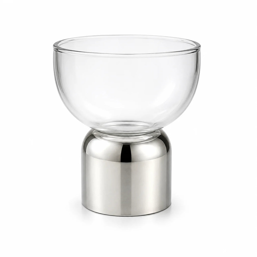 Clear Glass Bowl | Polished Chrome Cylinder Base | Modern Minimalist — Castle Crafts