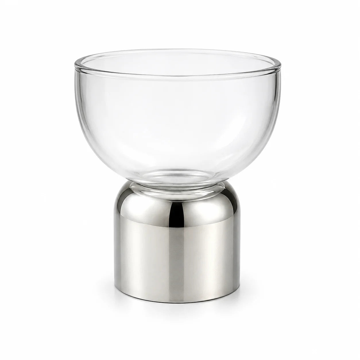 Clear Glass Bowl | Polished Chrome Cylinder Base | Modern Minimalist — Castle Crafts