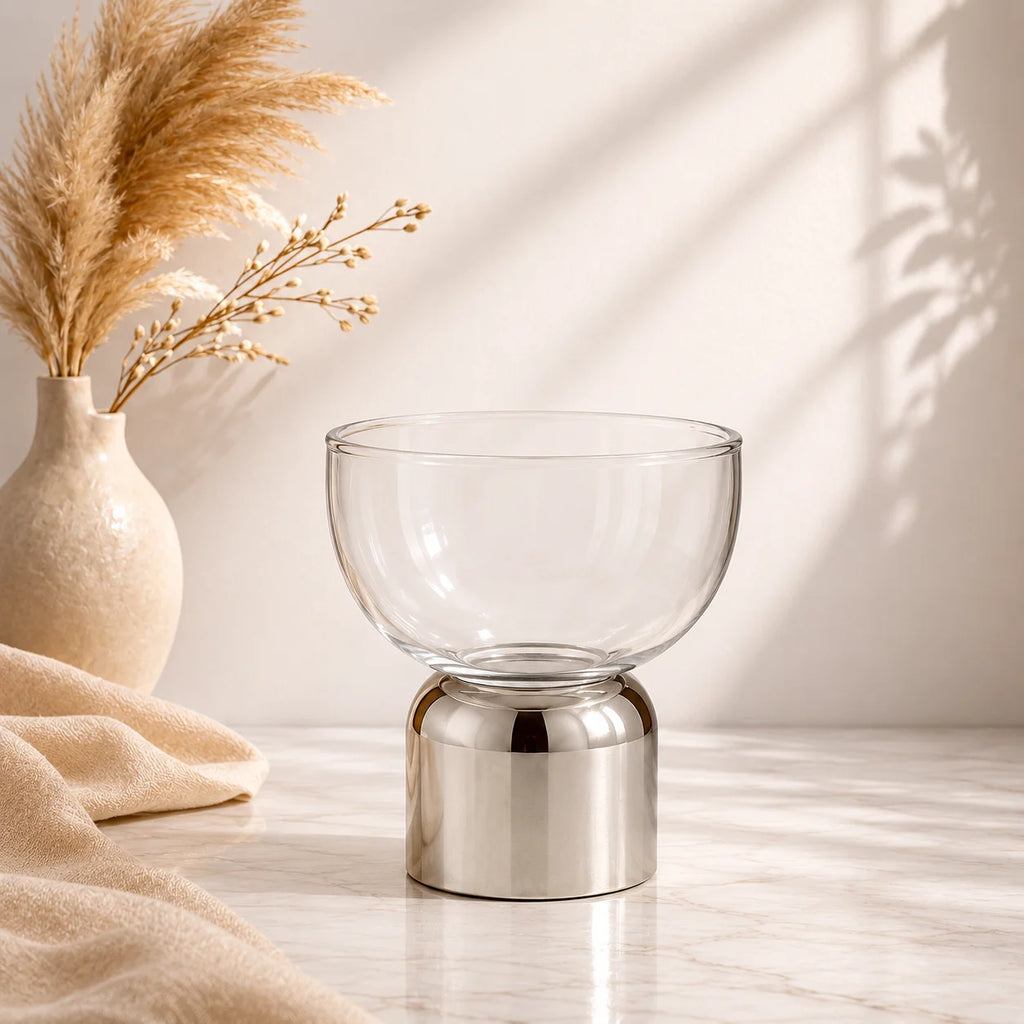 Clear Glass Bowl | Polished Chrome Cylinder Base | Modern Minimalist — Castle Crafts