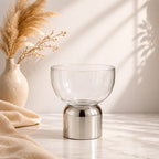 Clear Glass Bowl | Polished Chrome Cylinder Base | Modern Minimalist — Castle Crafts