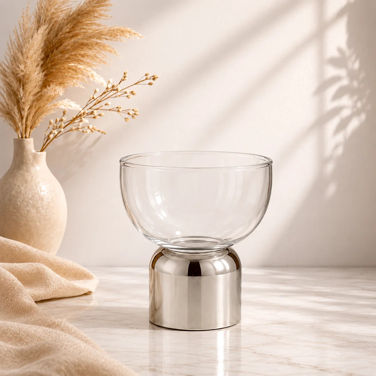 Clear Glass Bowl | Polished Chrome Cylinder Base | Modern Minimalist — Castle Crafts