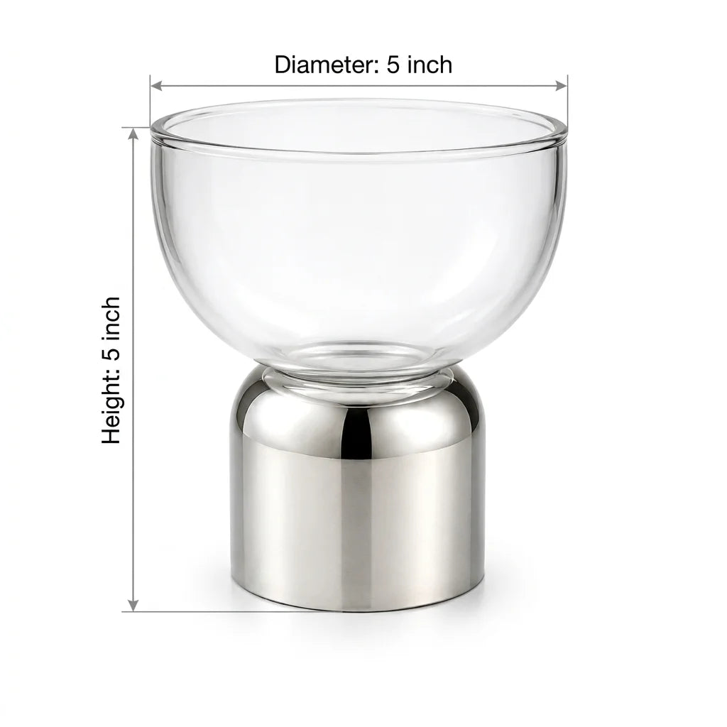 Clear Glass Bowl | Polished Chrome Cylinder Base | Modern Minimalist — Castle Crafts