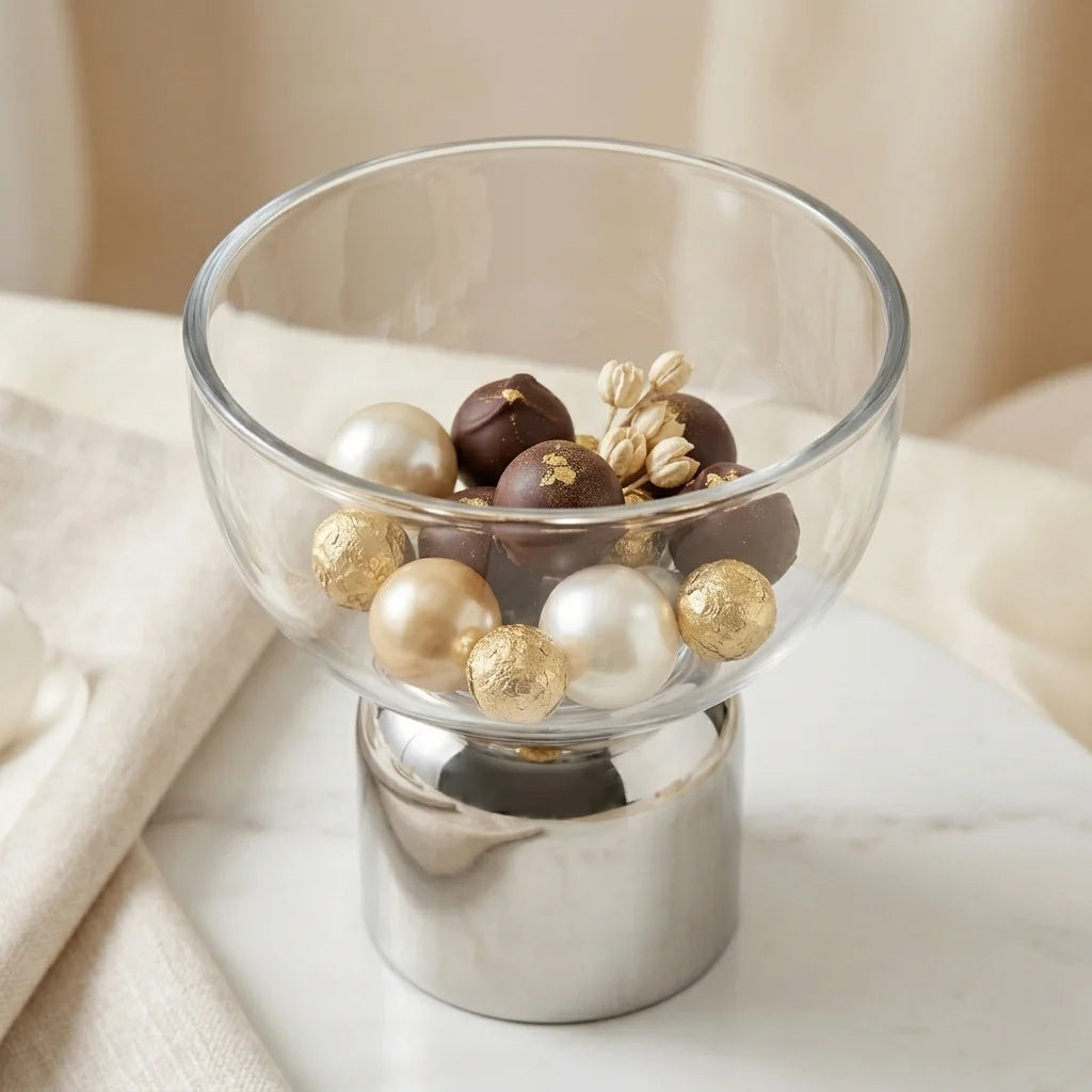 Clear Glass Bowl | Polished Chrome Cylinder Base | Modern Minimalist — Castle Crafts