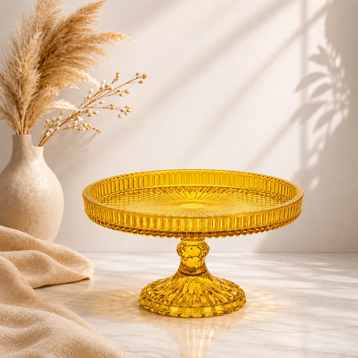 Honey Amber Crystal Glass Cake Stand | Sunburst Tray | Diamond Hobnail Pedestal — Castle Crafts