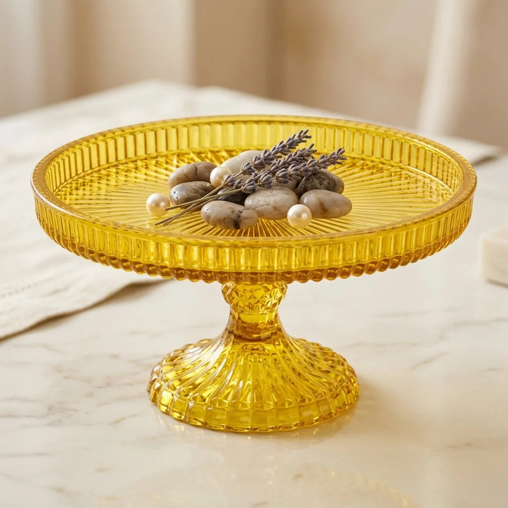 Honey Amber Crystal Glass Cake Stand | Sunburst Tray | Diamond Hobnail Pedestal — Castle Crafts