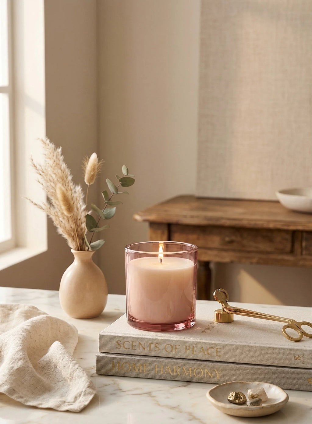 Vanilla Smooth Coloured Glass Soy Wax Candle — Hand-Blown Glass from Firozabad, India — Festive Styling