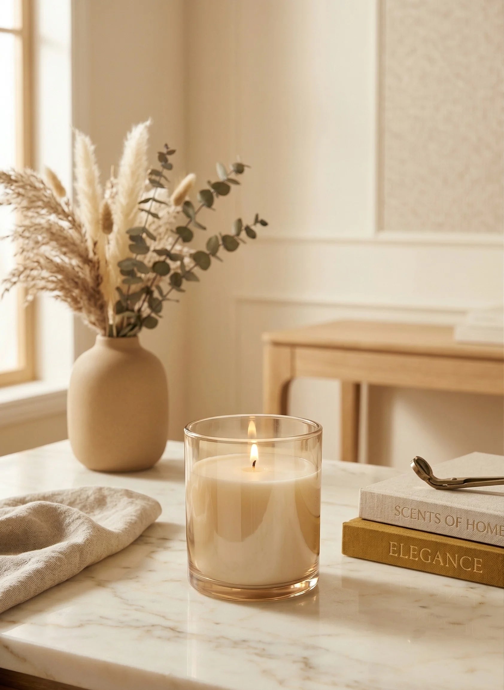 Vanilla Smooth Coloured Glass Soy Wax Candle — Hand-Blown Glass from Firozabad, India — Lifestyle Setting