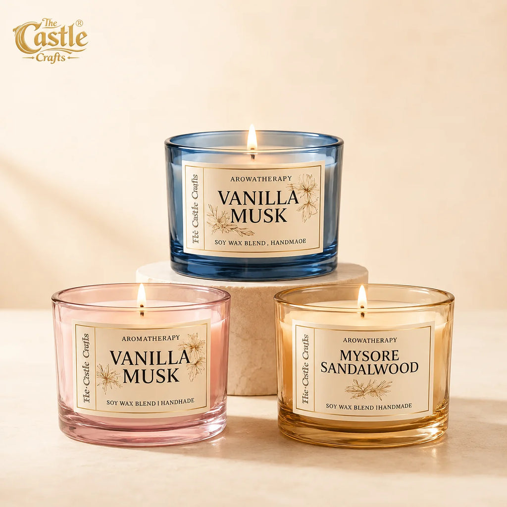 Aromatherapy Soy Wax Candle | Tinted Glass | 60Hr Burn | Vanilla Musk & Mysore Sandalwood — Castle Crafts