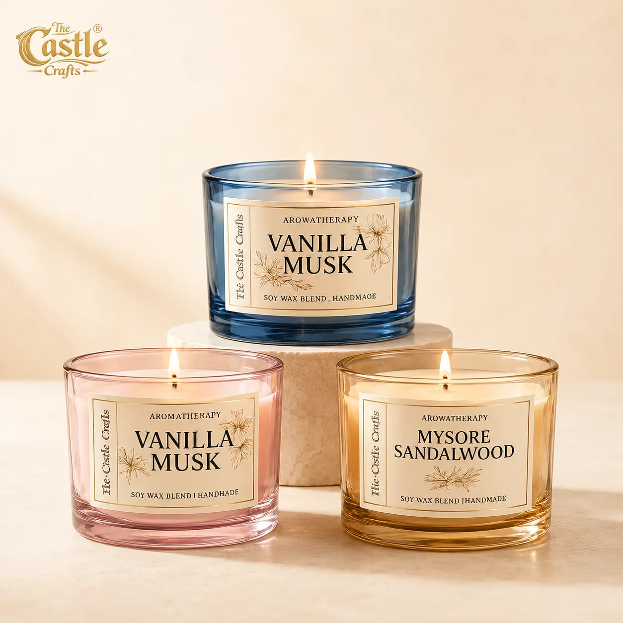 Aromatherapy Soy Wax Candle | Tinted Glass | 60Hr Burn | Vanilla Musk & Mysore Sandalwood — Castle Crafts